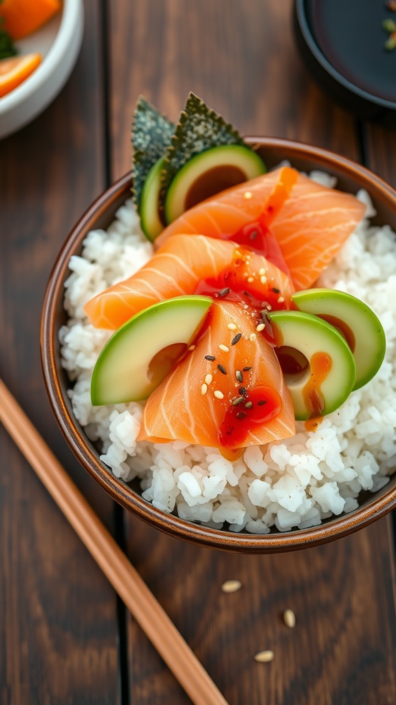 A colorful sushi bowl with salmon, avocado, cucumber, garnished with sesame seeds and soy sauce, on a rustic wooden table.